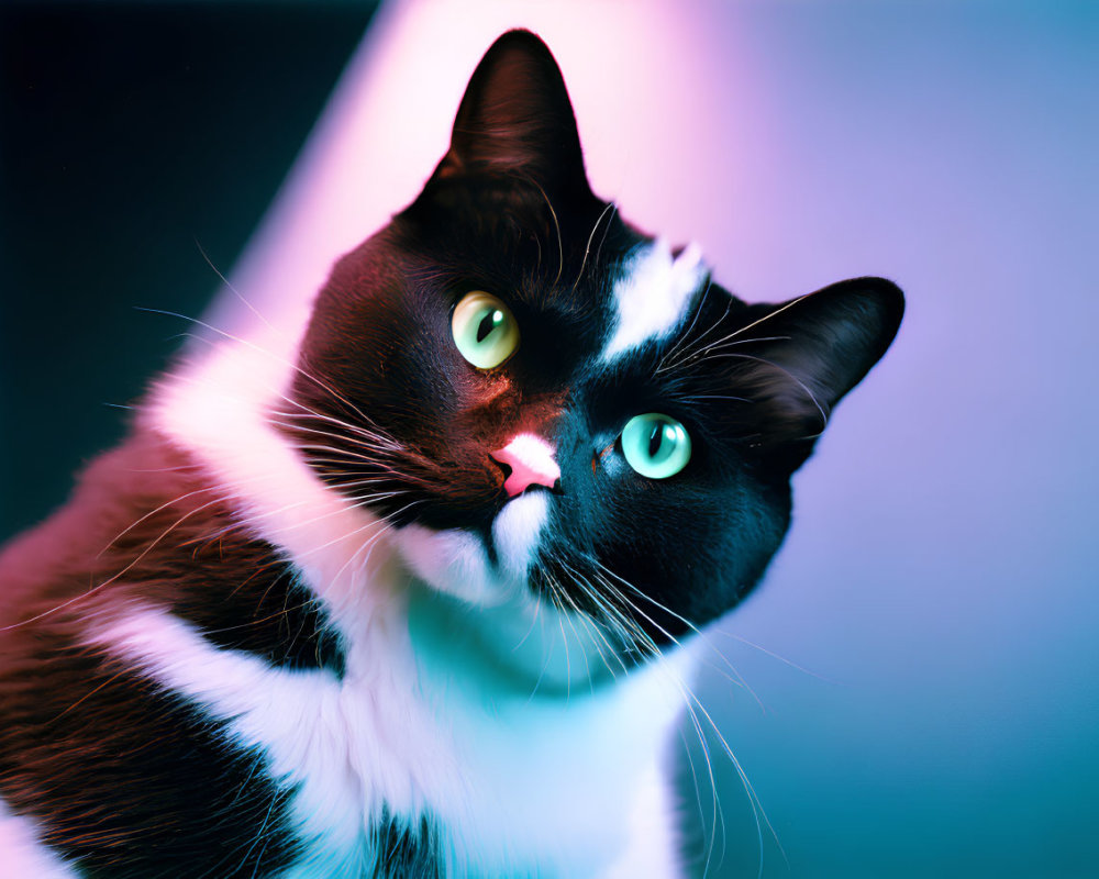 Black and white cat with green eyes under neon light
