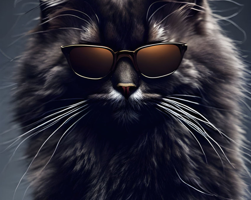 Dark Cat with Long Hair and Sunglasses Against Grey Background