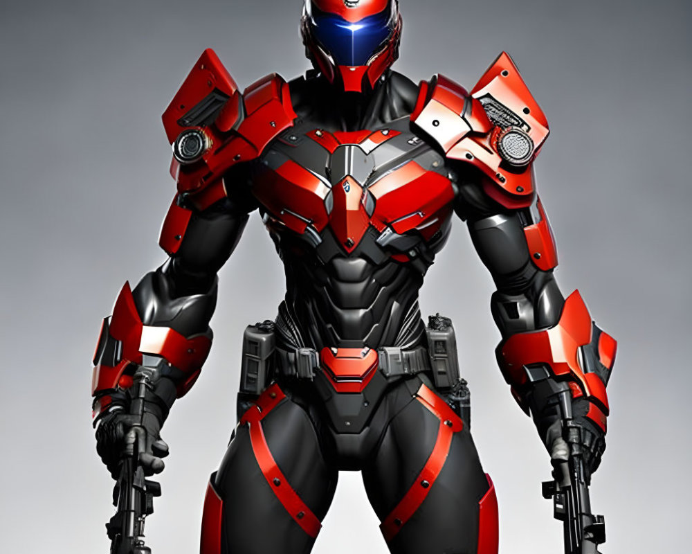Red and Black Futuristic Armored Suit with Mechanical Joints and Plating