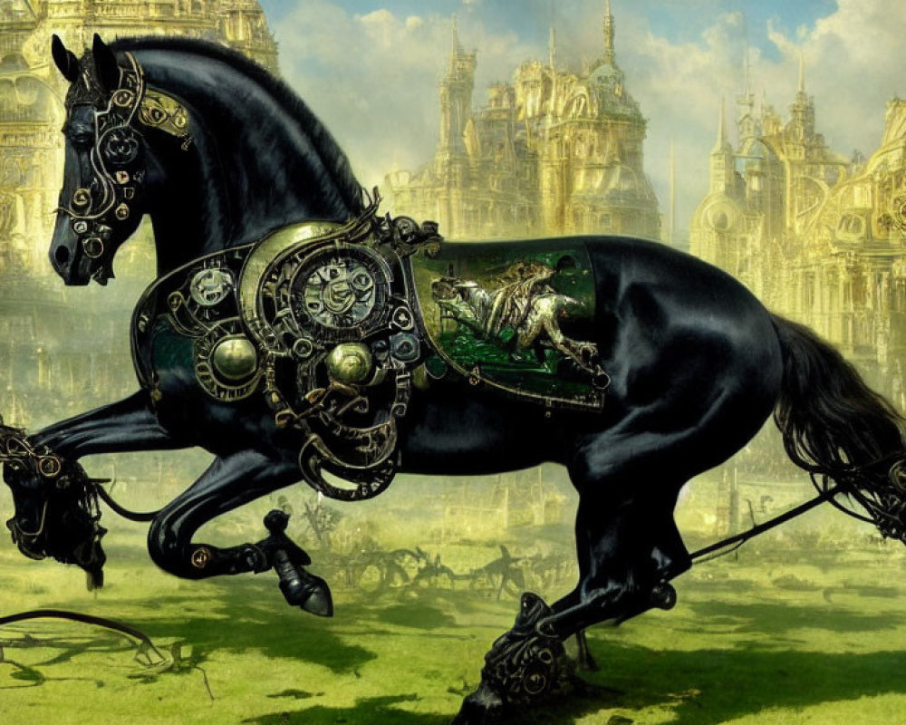 Steampunk-style mechanical horse with intricate gears gallops in front of ornate cityscape