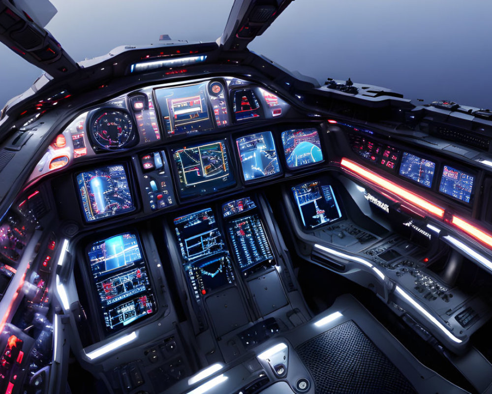 Futuristic spacecraft cockpit with illuminated controls in dark ambiance