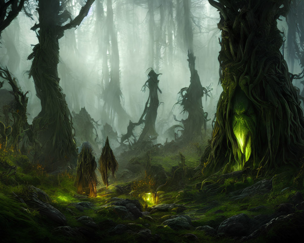 Ancient Trees in Mystical Forest with Ethereal Green Light