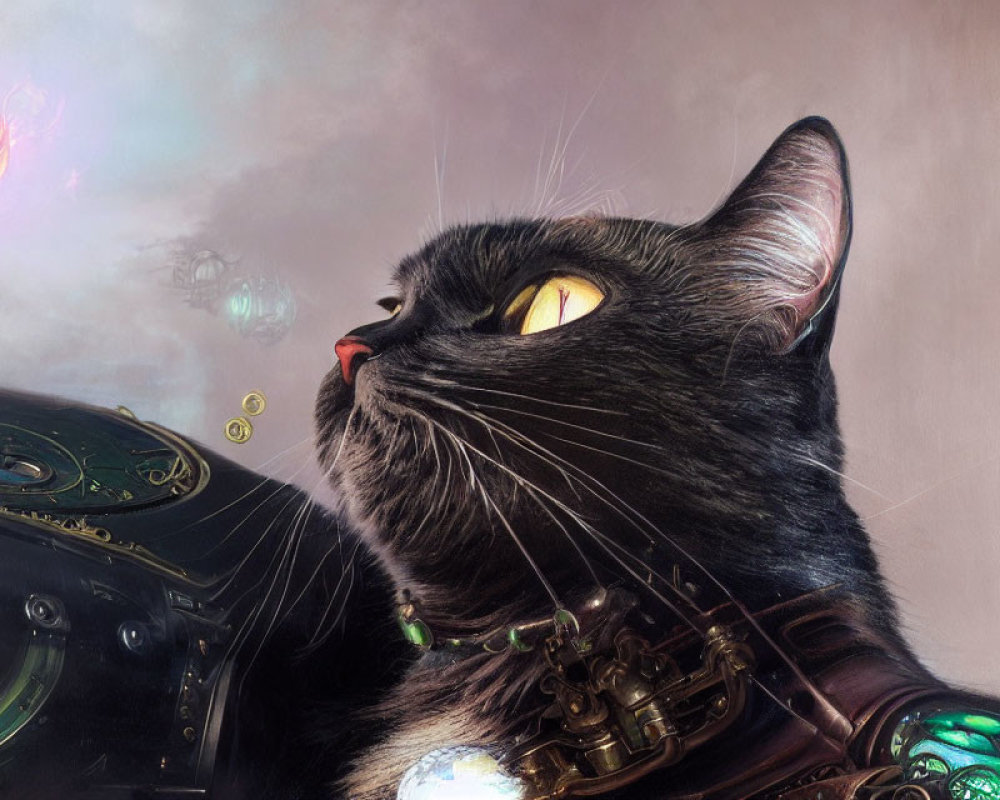 Anthropomorphic black cat in steampunk attire with whimsical expression