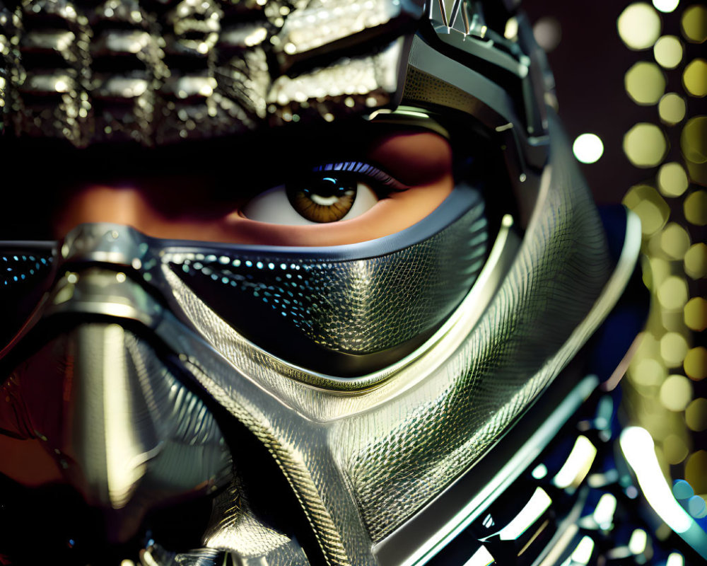 Detailed close-up of person in futuristic metallic helmet with intricate designs, highlighting one visible eye.