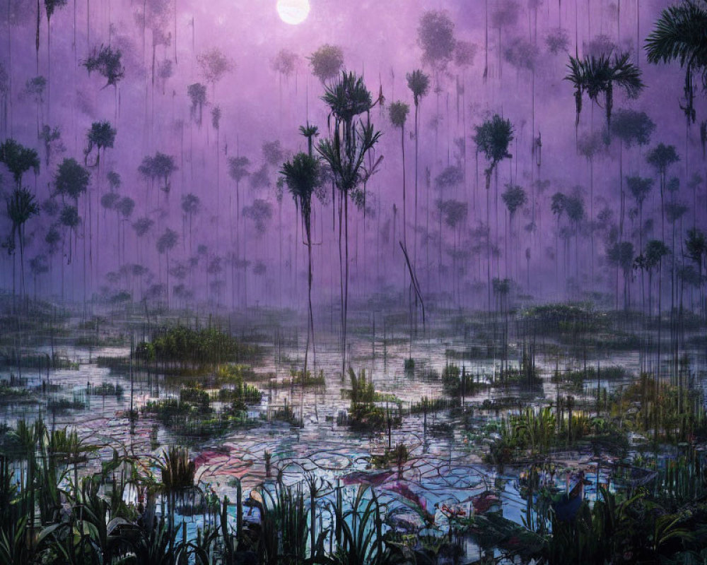 Twilight swamp scene with towering trees and lily pads under moonlight