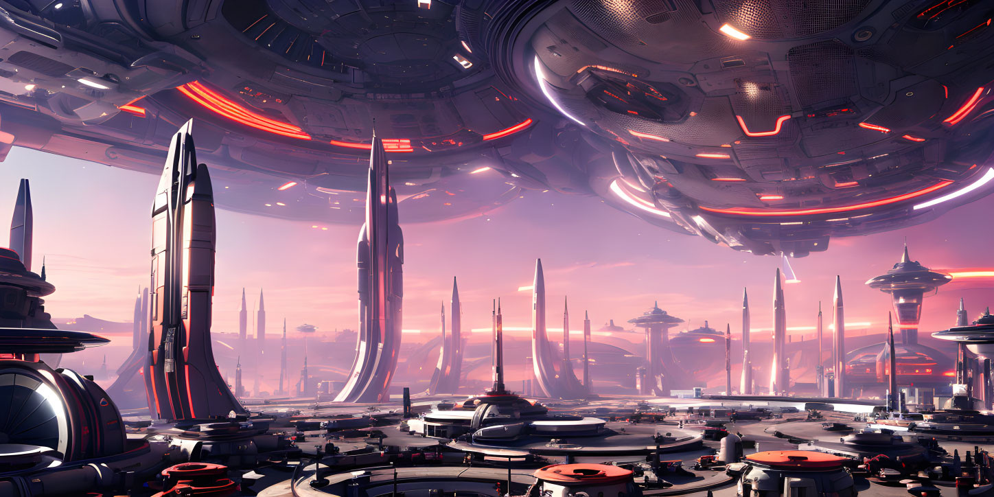 Futuristic cityscape with sleek towers and floating structures