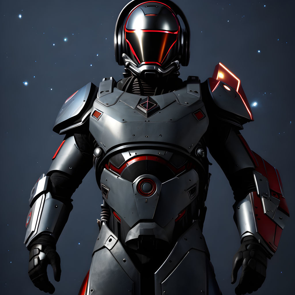 Futuristic black and red robot in armor under starry night sky