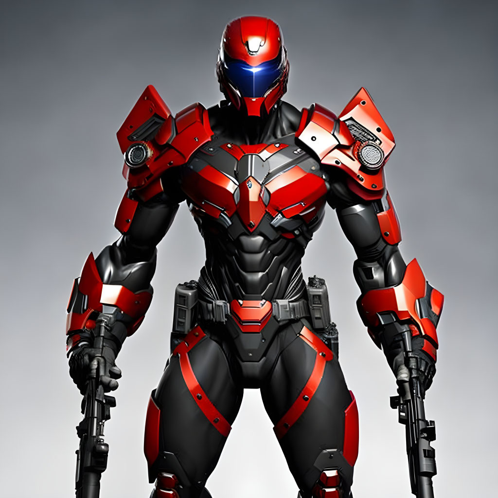 Red and Black Futuristic Armored Suit with Mechanical Joints and Plating
