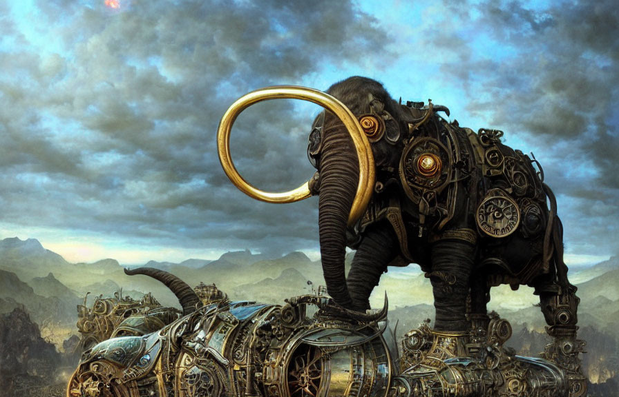 Digital Artwork: Mechanical Elephant with Gears & Metal Plates on Dramatic Sky & Mountains