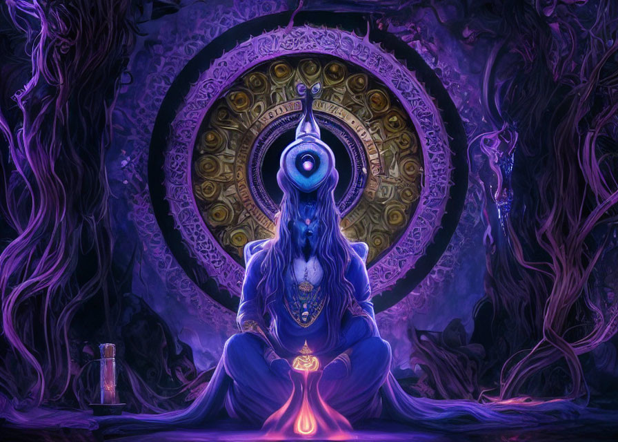 Blue-skinned figure meditating with pink orb near golden wheel in mystical setting