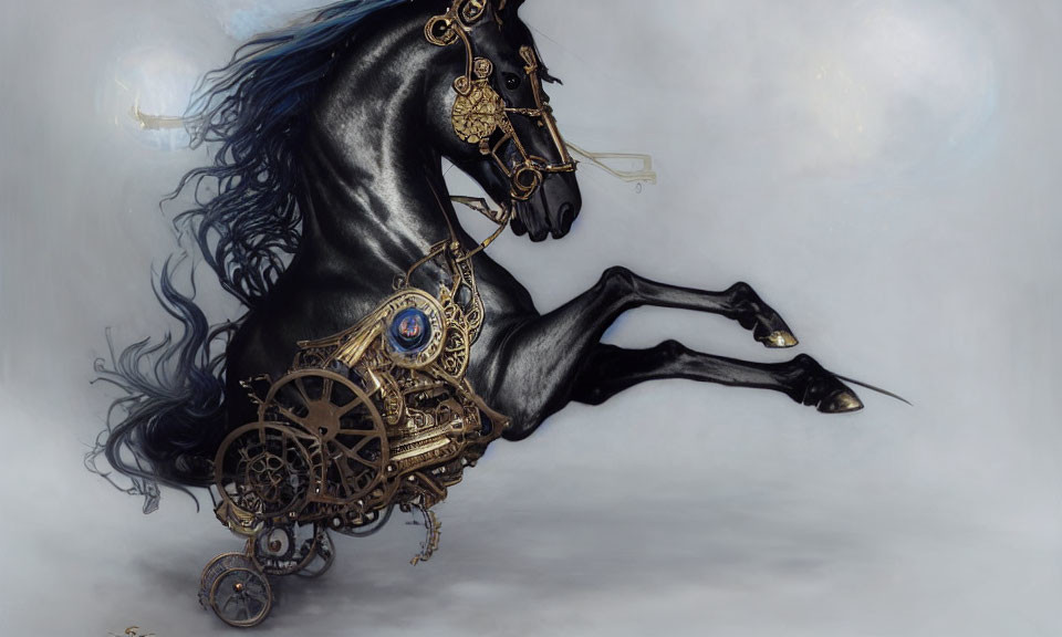 Majestic black horse with steampunk-style mechanical leg in foggy setting