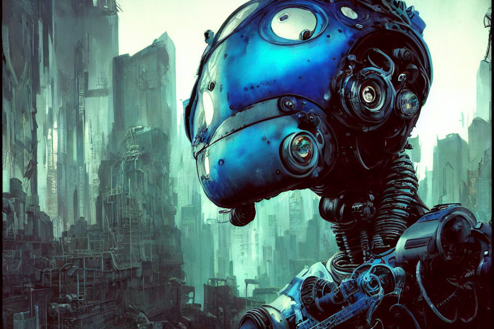Blue futuristic robot in dystopian cityscape with skyscrapers