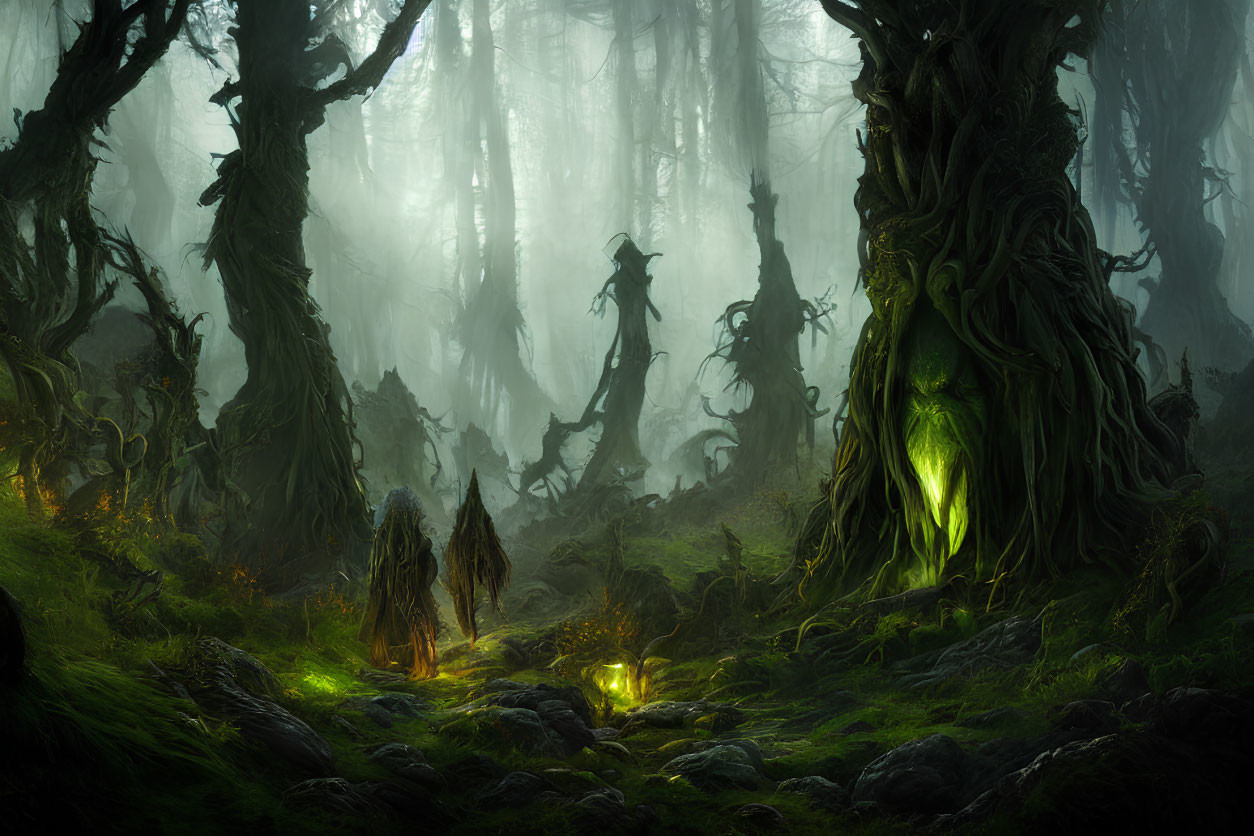Ancient Trees in Mystical Forest with Ethereal Green Light