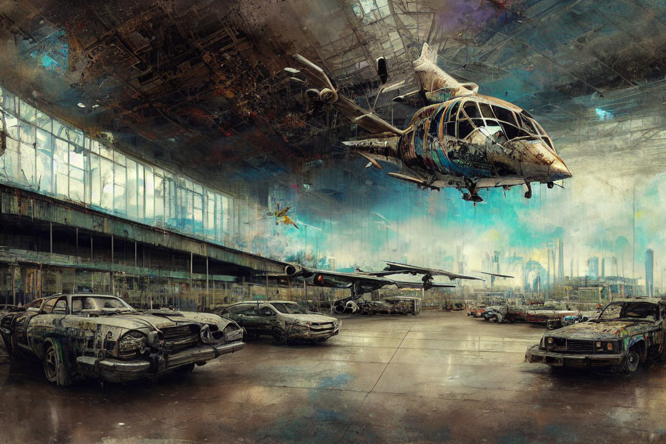 Decrepit Hangar with Dilapidated Helicopters and Classic Cars in Dystopian Setting