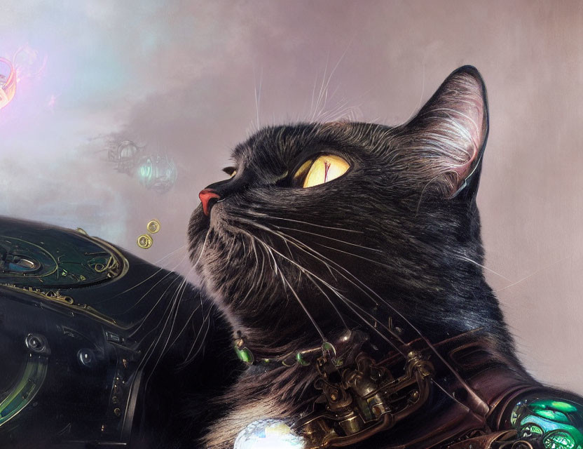 Anthropomorphic black cat in steampunk attire with whimsical expression