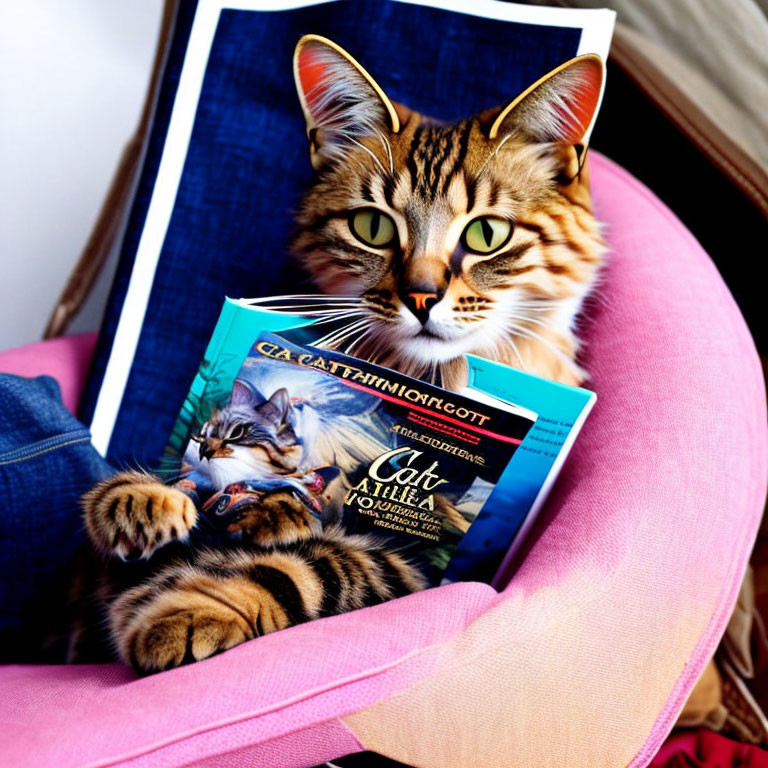 Person holding book with realistic cat face aligning with pet cat on lap