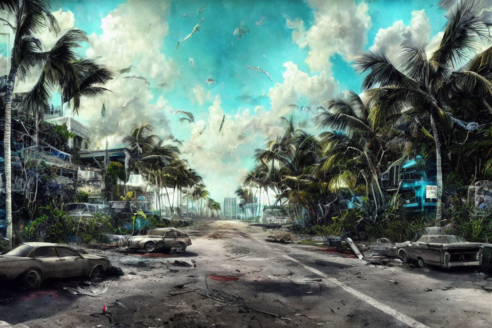 Abandoned post-apocalyptic street with overgrown cars and palm trees