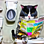 Black and White Cat Reading Colorful Newspaper on Toilet