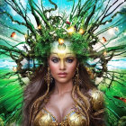 Mystical woman adorned with radiant crown in enchanted forest