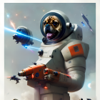 Beagle Dog in Astronaut Suit with Mechanical Enhancements and Futuristic Gun Under Cloudy Sky