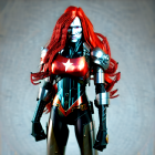 Female character in red hair and futuristic armor wields a sword confidently