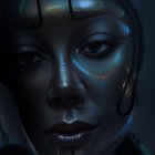 Female humanoid robot with cybernetic details and tear on cheek against dark background