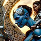 Blue-skinned female warrior in futuristic armor beside a dark-haired human woman in similar attire against ornate