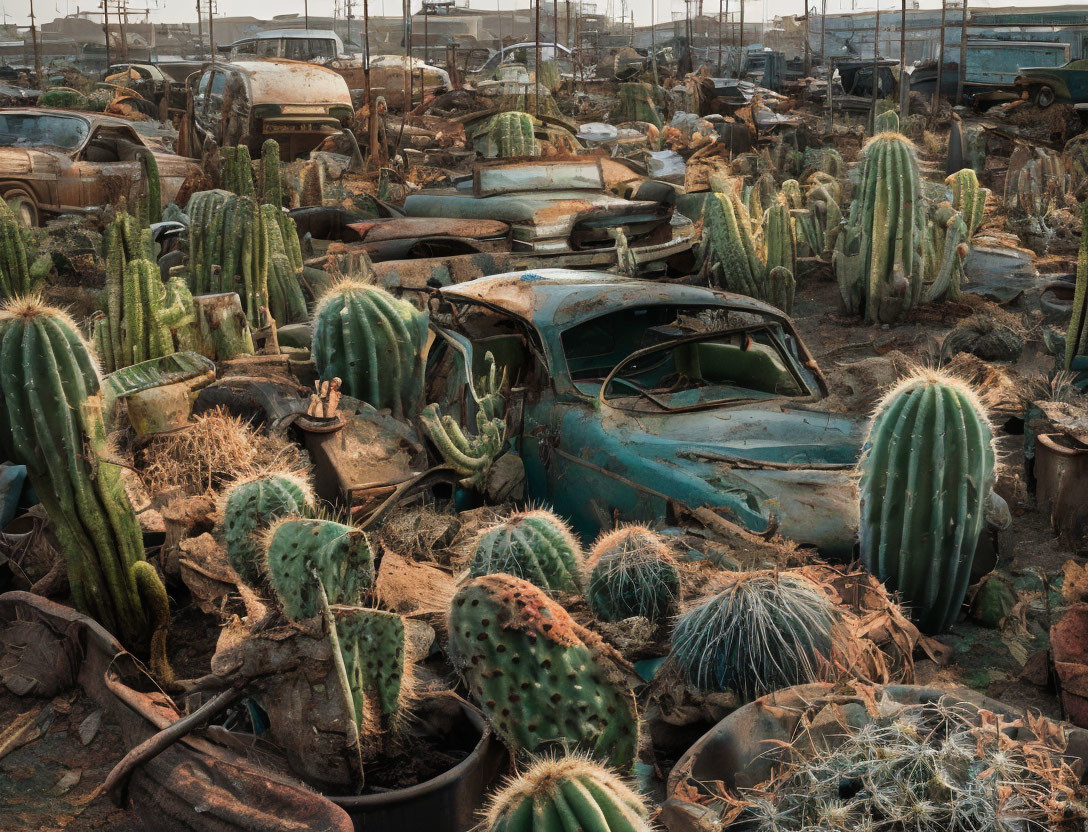 Abandoned car graveyard reclaimed by cacti under hazy sky