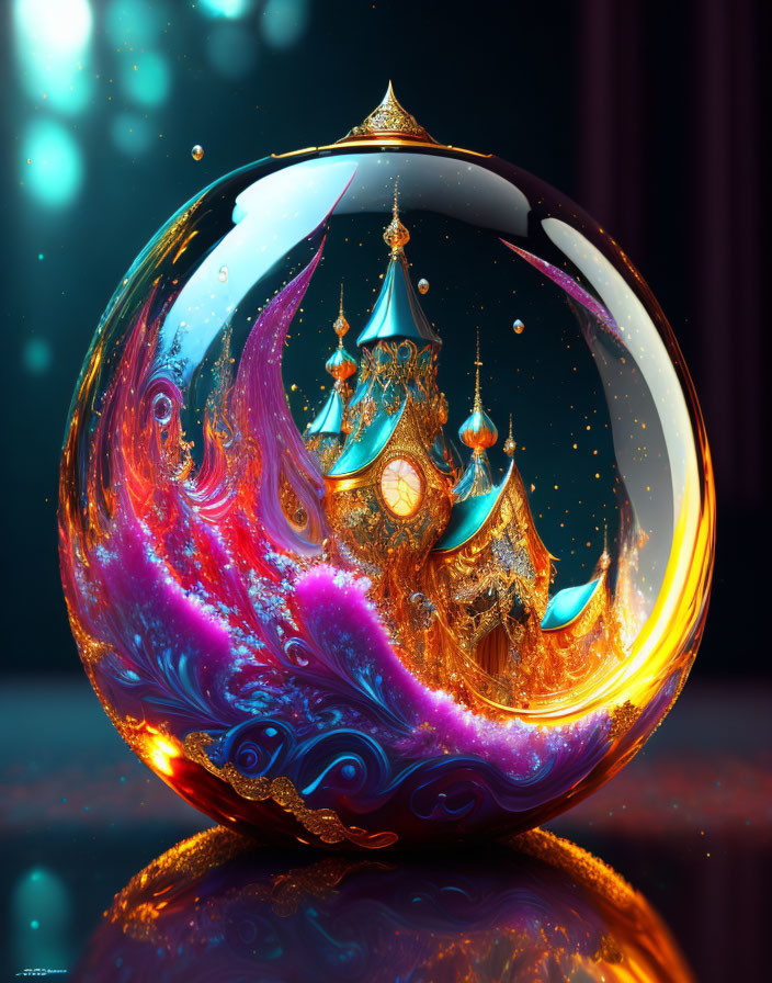 Colorful Crystal Ball with Whimsical Palace in Iridescent Surroundings