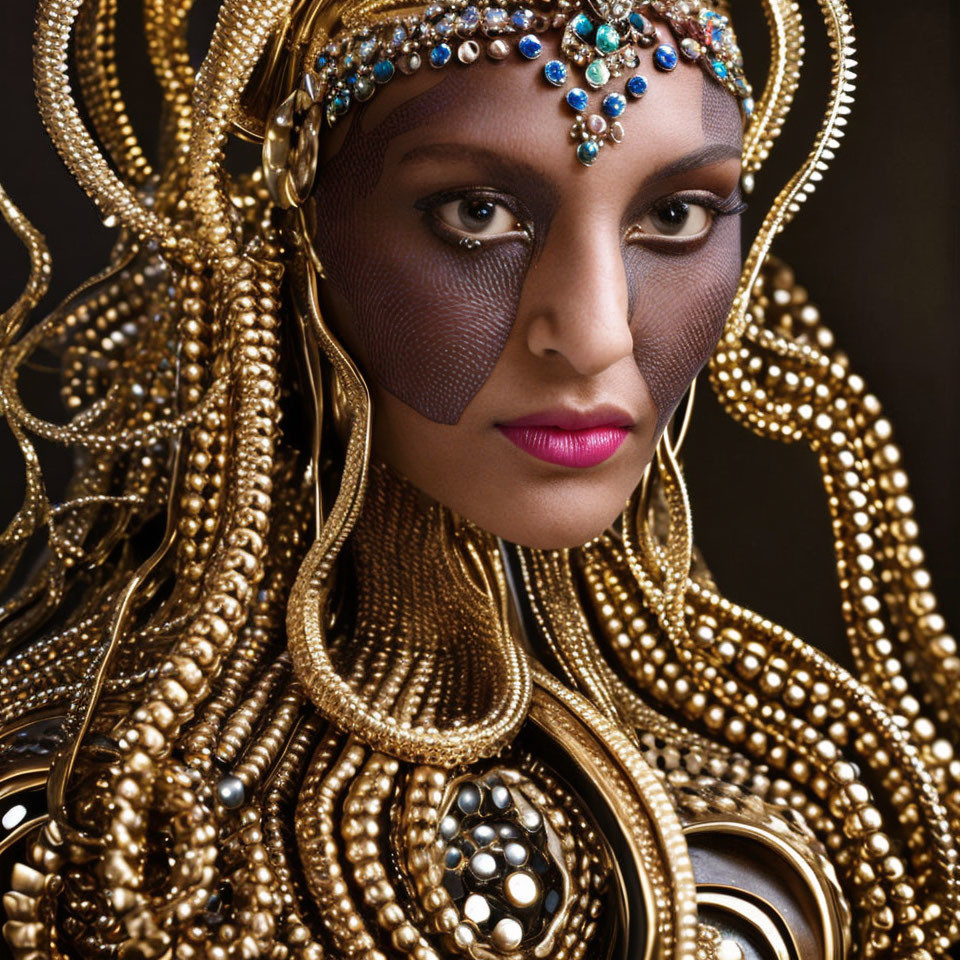 Elaborate Gold Jewelry with Blue Gem Headpiece and Netted Veil