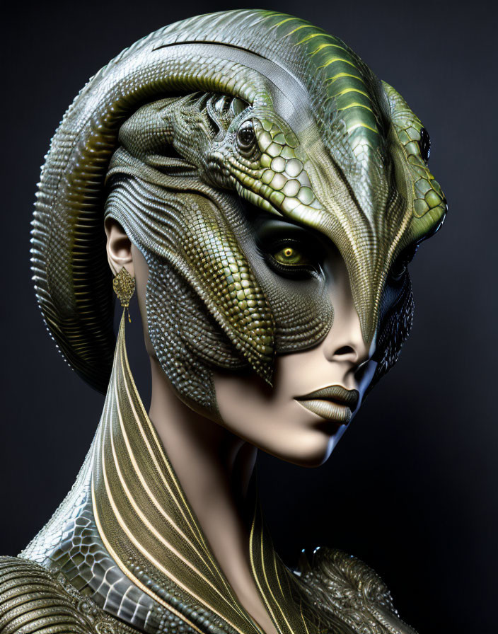 Digital artwork: Humanoid with reptilian features and yellow eyes on dark background