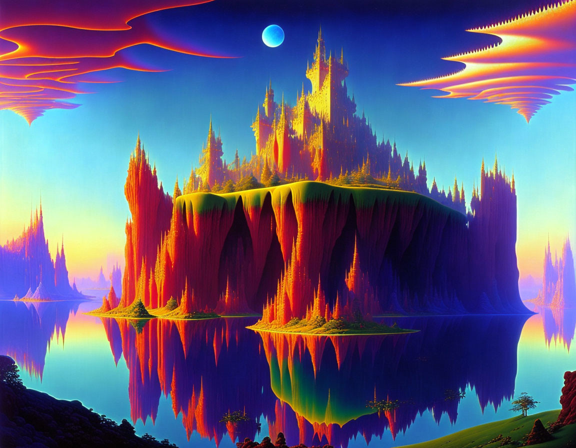 Fantasy landscape with floating island, waterfalls, colorful vegetation, moonlit sky