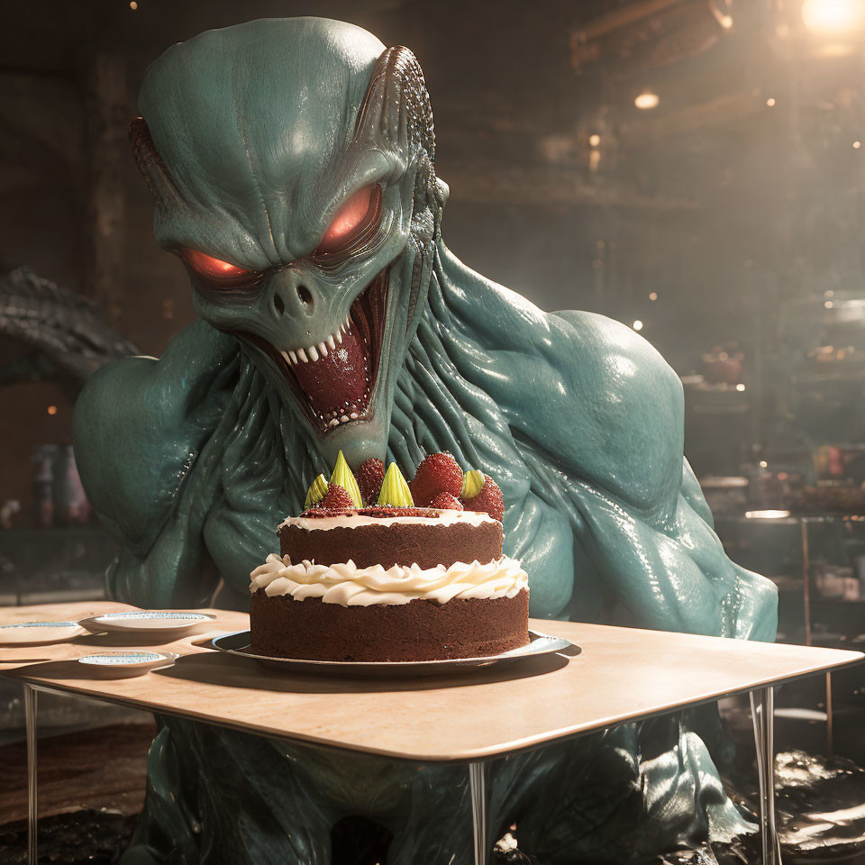 Alien about to eat a cake