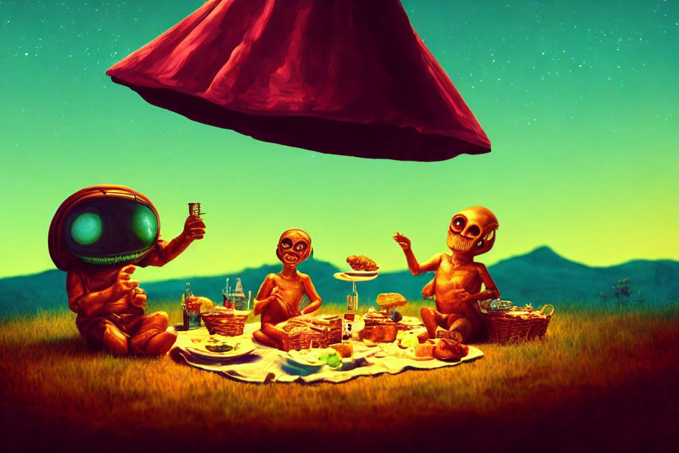 Cartoonish aliens picnic with UFO in pastoral landscape at dusk