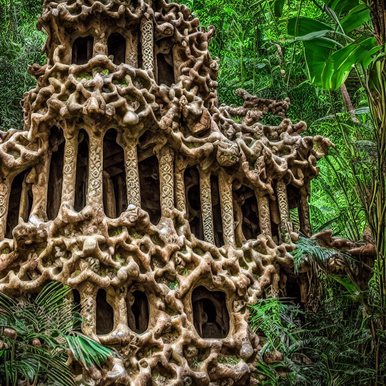 Intricate honeycomb-like structure in lush green foliage