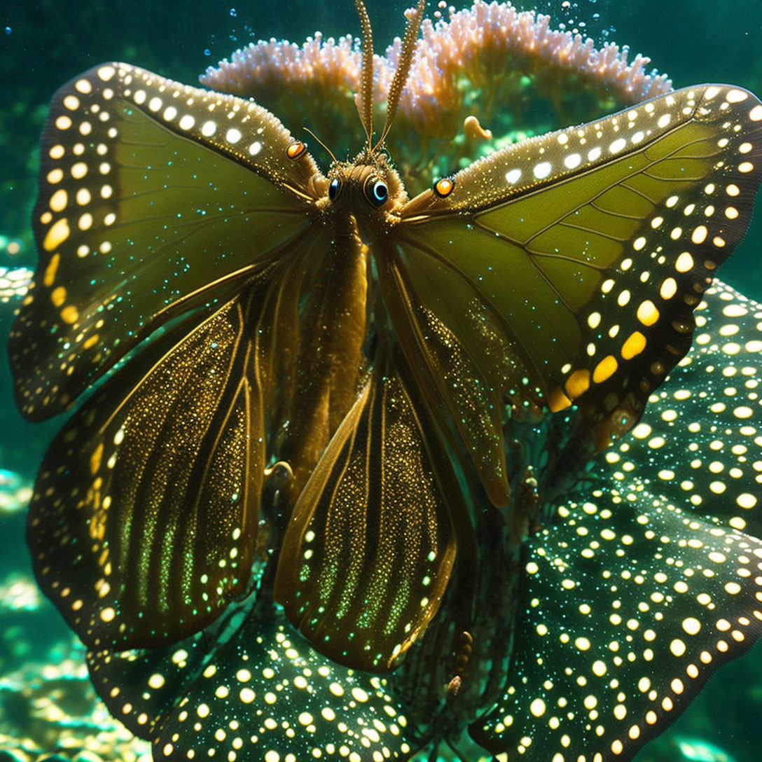Butterfly with translucent, speckled wings in greenish backlight