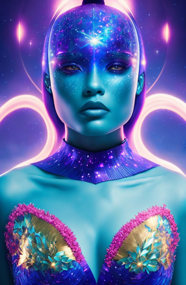 Futuristic female portrait with vibrant blue skin and cosmic theme