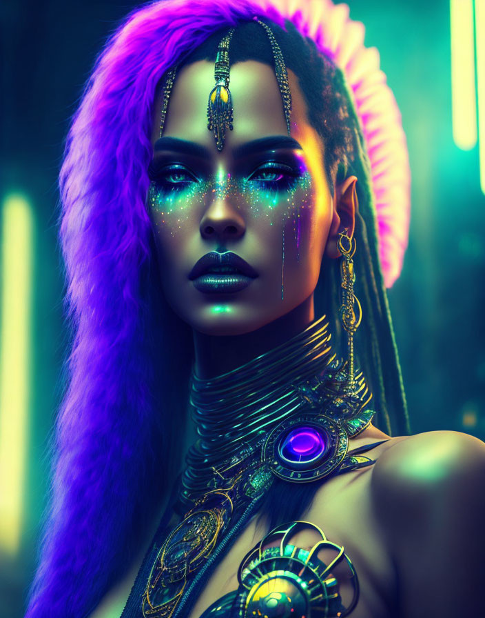 Vibrant Purple Hair and Fantasy Makeup with Futuristic Accessories