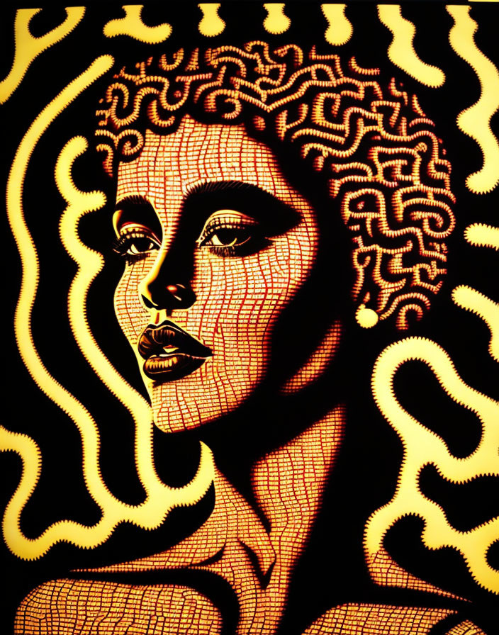 Woman's profile with intricate yellow and black patterns in psychedelic style