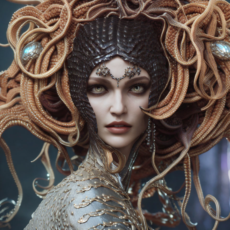 Elaborate Tentacle Headdress Woman in Metallic Armor with Powerful Gaze