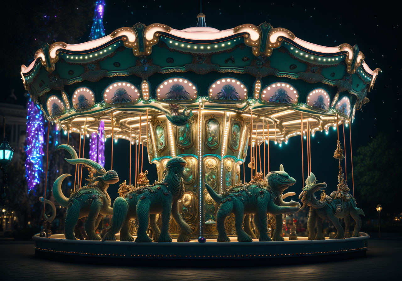 Ornate Mythical Creature Carousel at Night with Decorative Lights