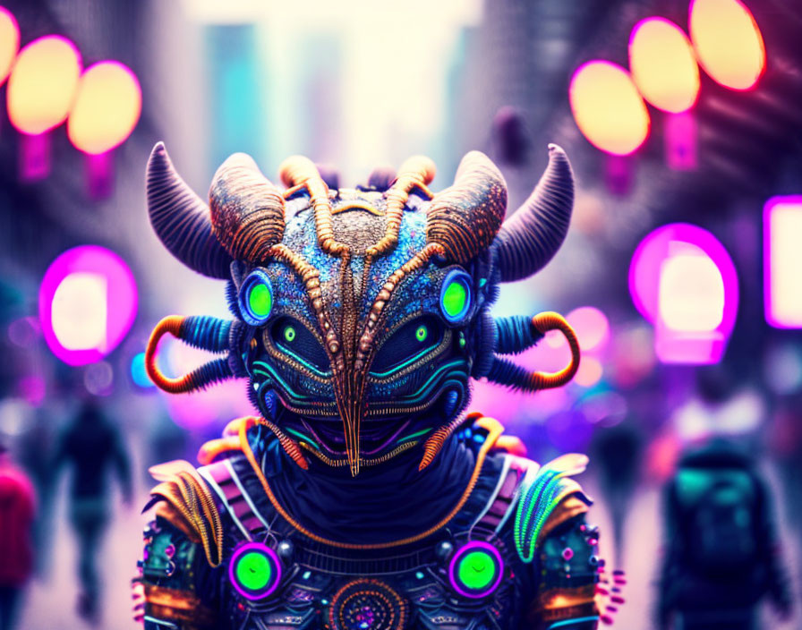 Colorful Alien Costume with Horned Headgear in Urban Setting