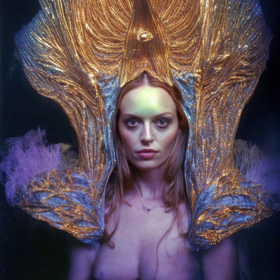 Woman with Striking Makeup and Ornate Golden Feathered Headpiece