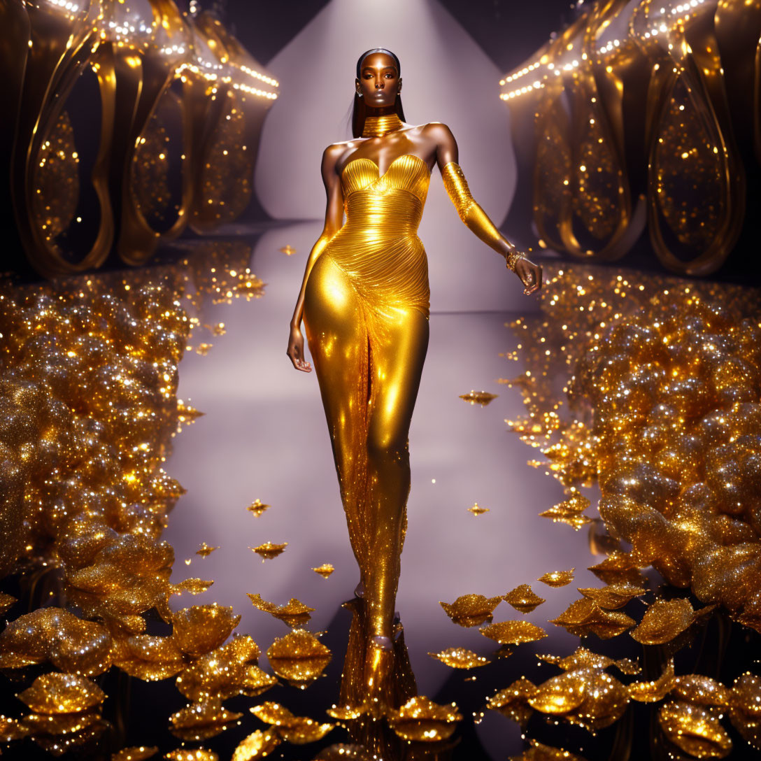Woman in Shimmering Gold Dress on Sparkling Golden Backdrop