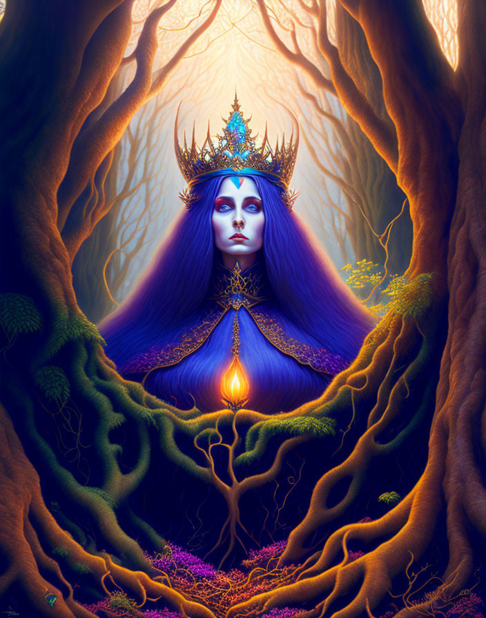 Ethereal being with crown in blue tones in enchanted forest.
