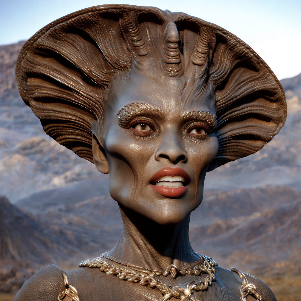 Alien female 3D rendering with ornate head crest and necklace in barren landscape
