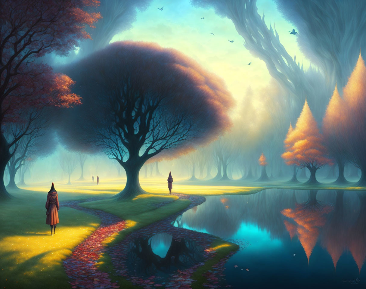 Tranquil fantasy landscape with vibrant trees, calm lake, winding path, and wandering figures