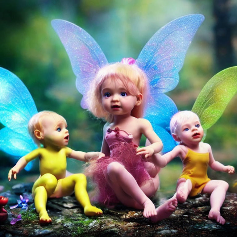 Three Fairy Dolls with Translucent Wings in Pink and Yellow Amidst Colorful Forest Background