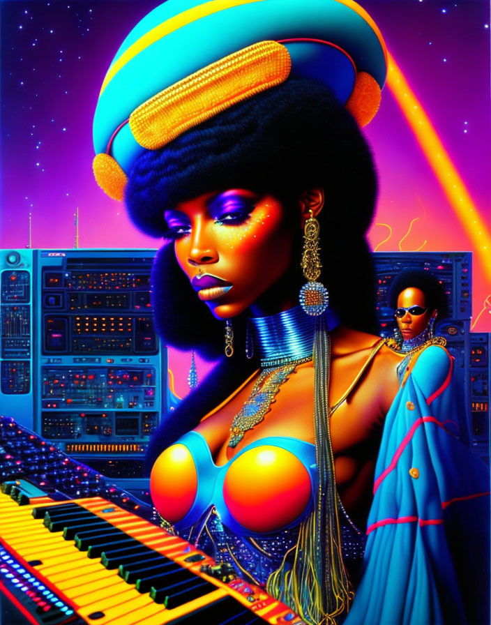 Futuristic image: Two individuals in afrofuturistic attire playing synthesizers