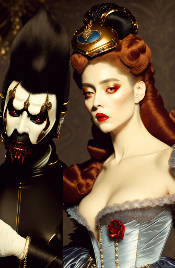 Stylized portrait featuring figures with intricate black and gold makeup and Victorian-inspired attire.
